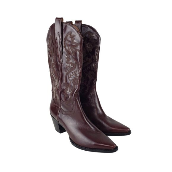 Jeffrey Campbell Shoes - Jeffrey Campbell Dagget Burgundy Leather Cowboy Western Stitch Boots Size 11